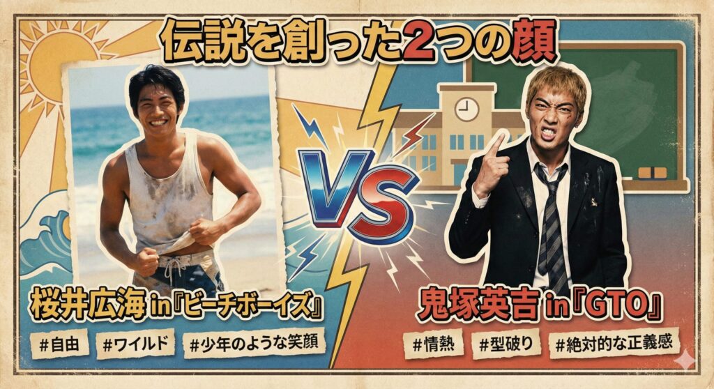 反町隆史の二大代表作、『ビーチボーイズ』のワイルドな魅力と『GTO』の型破りな魅力を比較する図解