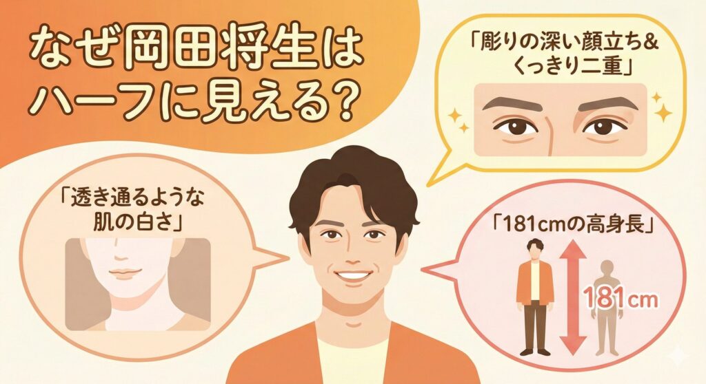 俳優・岡田将生がハーフと噂される3つの理由を示したインフォグラフィック。彫りの深い顔、肌の白さ、高身長という外見的特徴をイラストで解説。