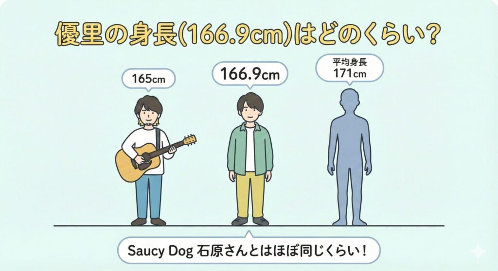 優里さんの身長166.9cmを他のアーティストや平均身長と比較したインフォグラフィック。