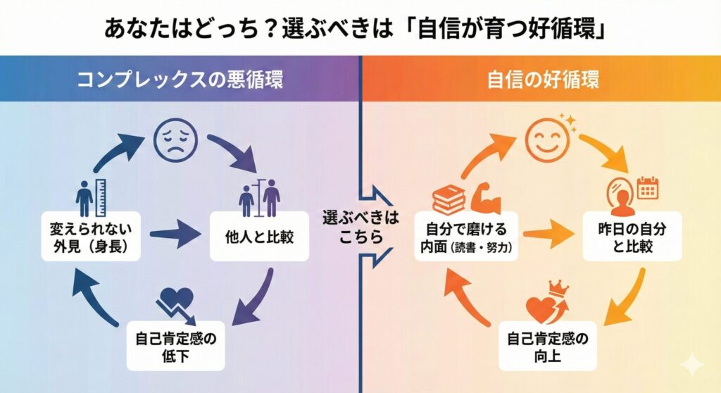 コンプレックスの悪循環と自信の好循環を比較する図。外見に囚われると自己肯定感が下がり、内面を磨くと自己肯定感が上がることを示している。