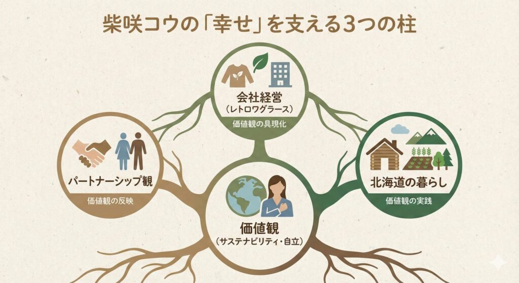図解：柴咲コウの価値観。中央の「価値観」から、「会社経営」「北海道の暮らし」「パートナーシップ観」の3つの要素が伸びている。