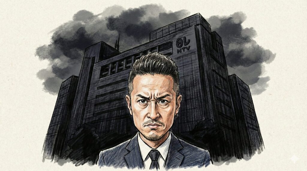 強い不信感と怒りの表情を浮かべ、スーツ姿で厳しい視線を向ける日本人男性(松岡昌宏をイメージ)と、その後ろで暗い影に包まれた巨大なテレビ局のビル(日テレをイメージ)