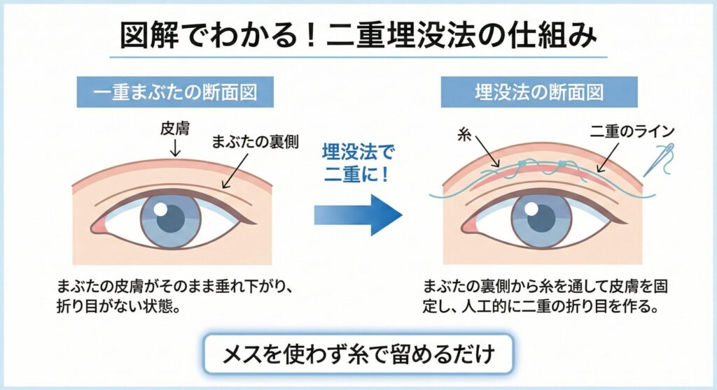 一重まぶたと二重埋没法の仕組みを比較する図解。埋没法では、糸を使ってまぶたに二重の折り目を作っていることが示されています。