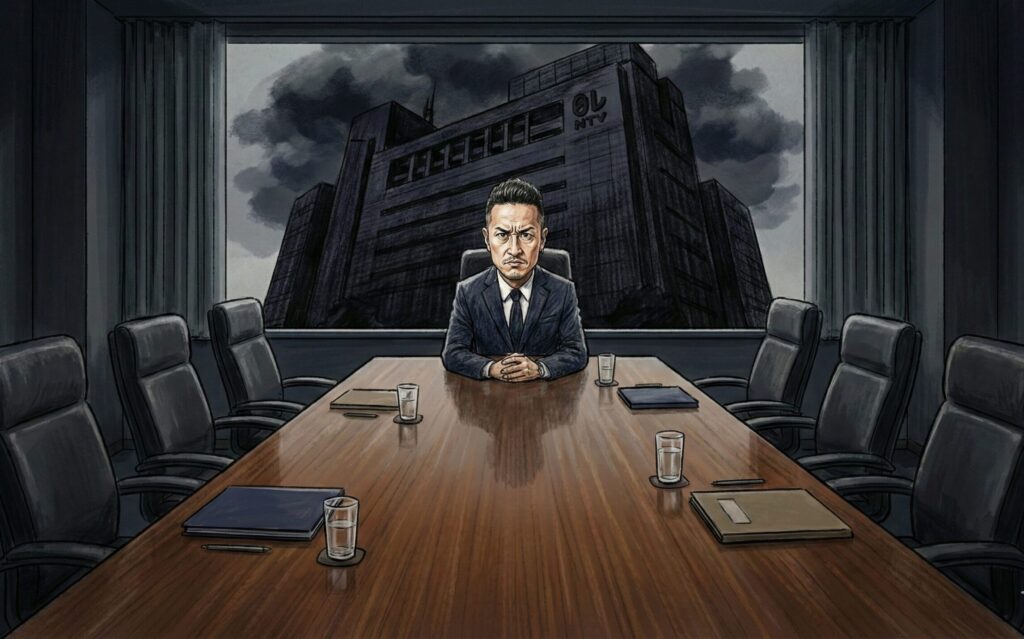 会議室のテーブルに座る日本人男性(タレントをイメージ)の前に、テレビ局側(日テレをイメージ)の担当者が誰も座っておらず、空席と孤立感を示すビジネスシーン