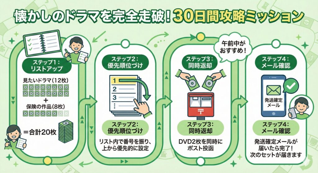 TSUTAYA DISCASを攻略する4つのステップを示した図解。リストアップ、優先順位設定、同時返却、メール確認の手順が描かれている。