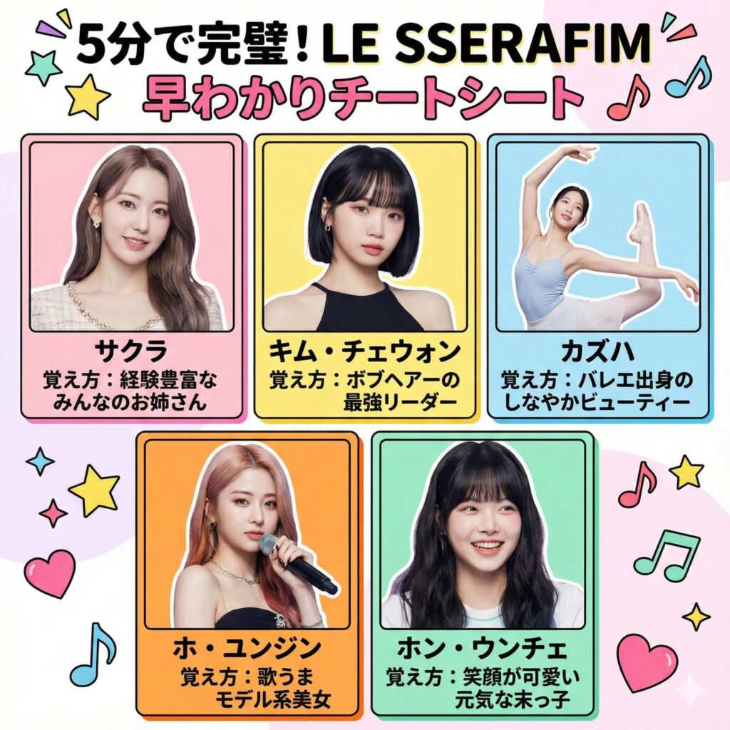 LE SSERAFIMのメンバー5人（サクラ、チェウォン、カズハ、ユンジン、ウンチェ）の顔写真と、それぞれの特徴を一行でまとめたインフォグラフィック。