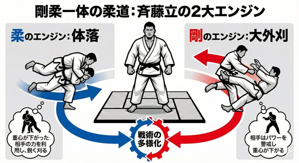柔道家・斉藤立選手の戦術を図解したインフォグラフィック。右側にはパワーの象徴である大外刈、左側には技術の象徴である体落が描かれ、二つの技が連携している様子が示されている。