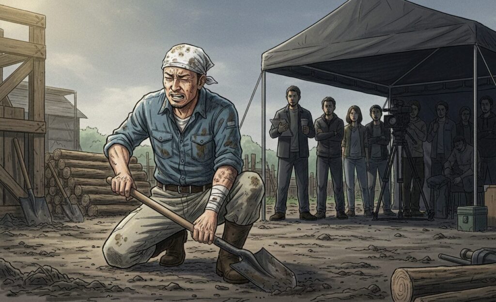 農作業や土木作業の現場(鉄腕DASHのロケをイメージ)で、疲労と怪我の痛みに耐える日本人男性の出演者と、それを遠くから見ているが手を差し伸べないテレビ局のスタッフ