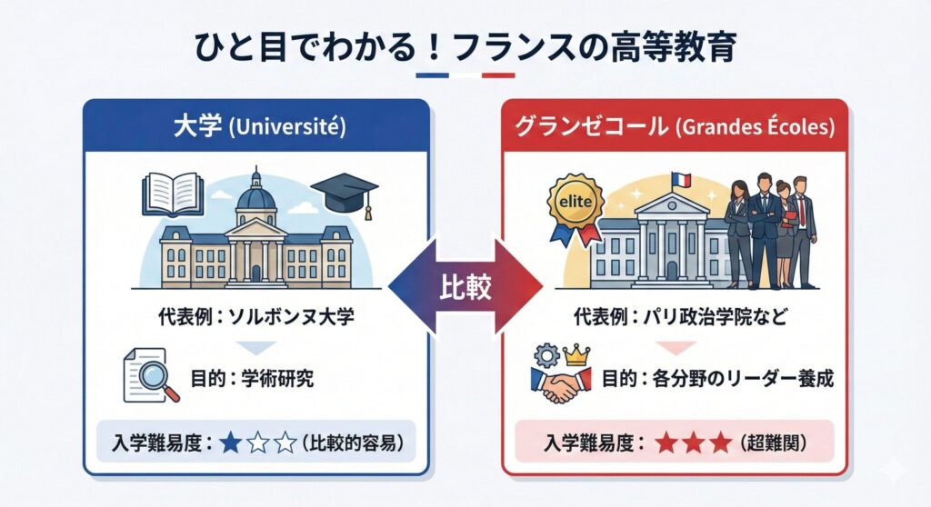 フランスの高等教育機関である「大学」と「グランゼコール」の比較図。大学は学術研究が目的で入学が比較的容易なのに対し、グランゼコールはリーダー養成が目的で超難関であることを示している。