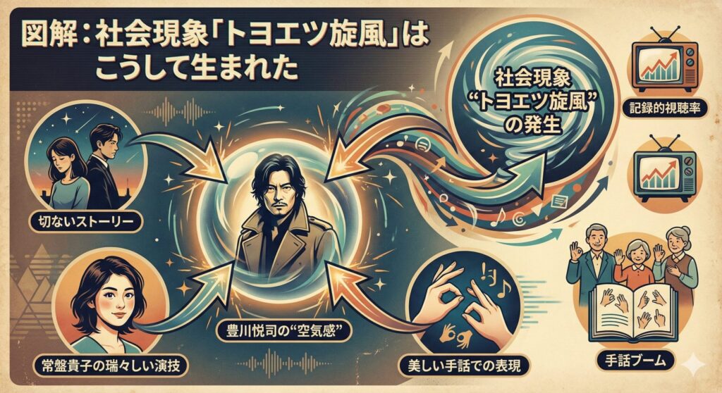 豊川悦司の持つ空気感と、ドラマ『愛していると言ってくれ』のストーリー、共演者、手話という要素が組み合わさり、社会現象「トヨエツ旋風」が生まれたことを示す関係図。