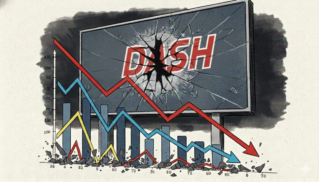グラフやチャートが下向きの急降下を示しており、その背景に「鉄腕DASH」のような人気番組のロゴが入ったパネルが割れかけている様子