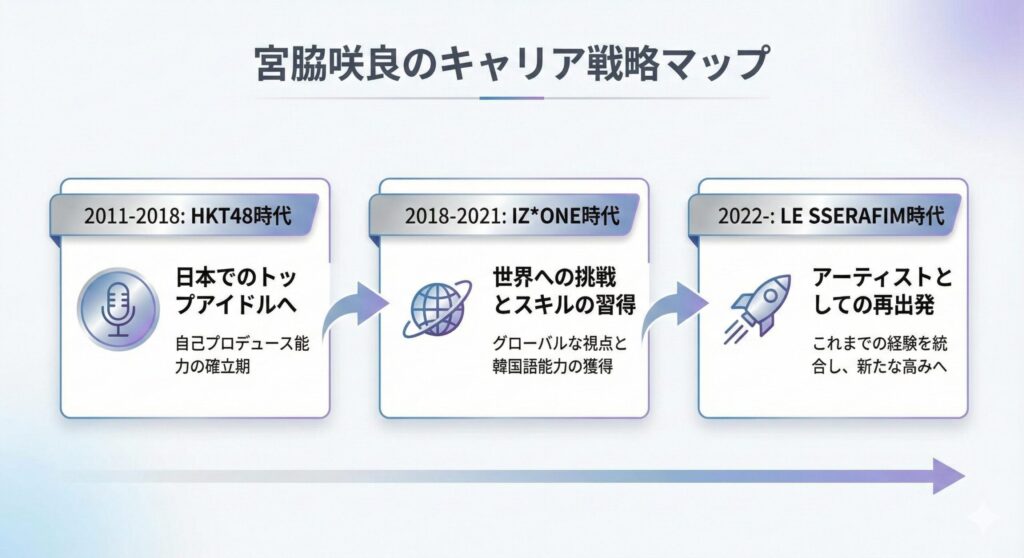 宮脇咲良のキャリア変遷を示すインフォグラフィック。HKT48、IZ*ONE、LE SSERAFIMという3つのステップと、それぞれの時代における彼女の戦略的目標を図解している。