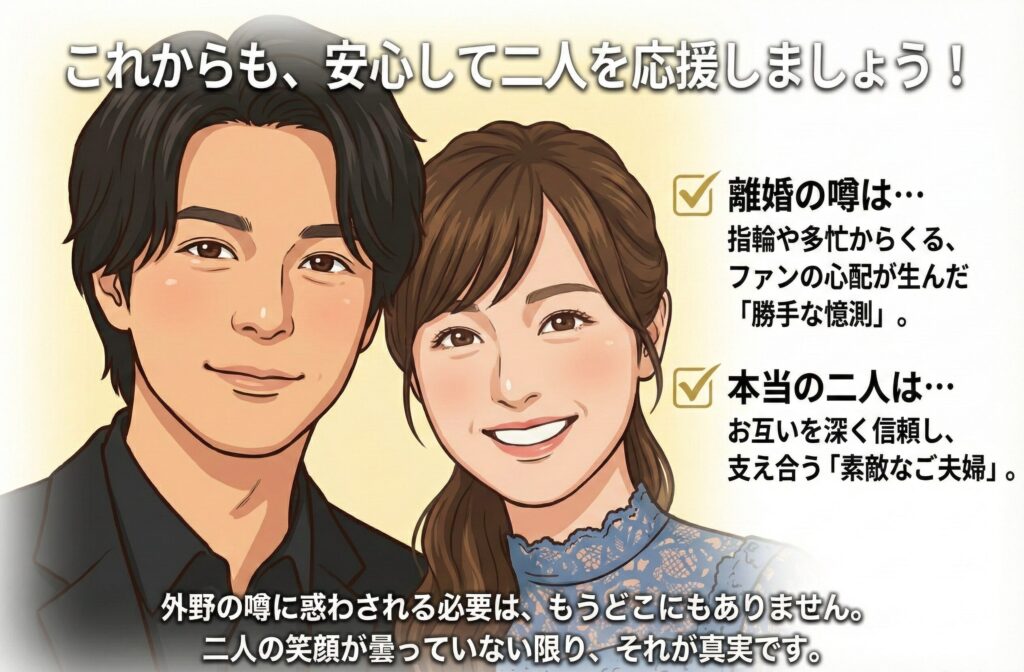 「これからも、安心して二人を応援しましょう！」というメッセージ。離婚の噂は勝手な憶測であり、二人は信頼し合う素敵な夫婦であるという結論 。