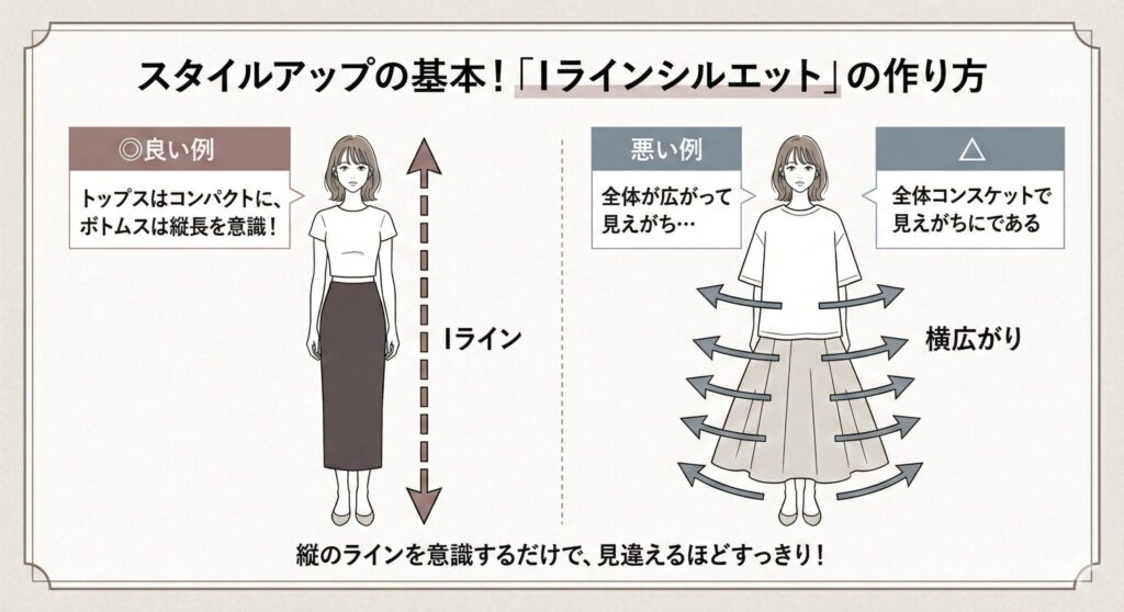生見愛瑠さんのようなスタイルアップを叶えるIラインシルエットの作り方を示した図解。良い例としてコンパクトなトップスとタイトスカート、悪い例としてオーバーサイズのトップスとフレアスカートを比較しています。