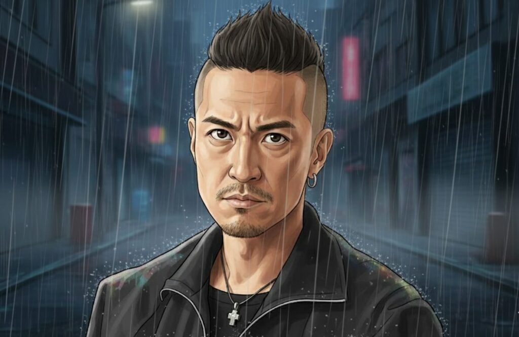 強い信念と決意の表情を浮かべ、雨の中をまっすぐに前進する日本人男性の横顔(松岡昌宏の「覚悟」をイメージ)