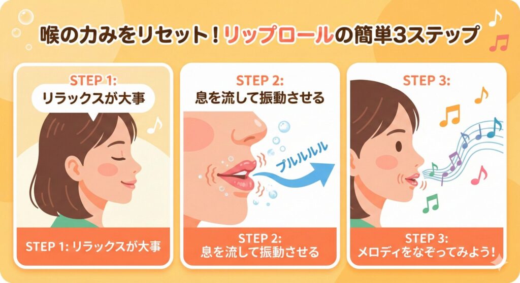 リップロールのやり方を3つのステップで解説した図解。リラックスした表情の女性が唇を震わせている。