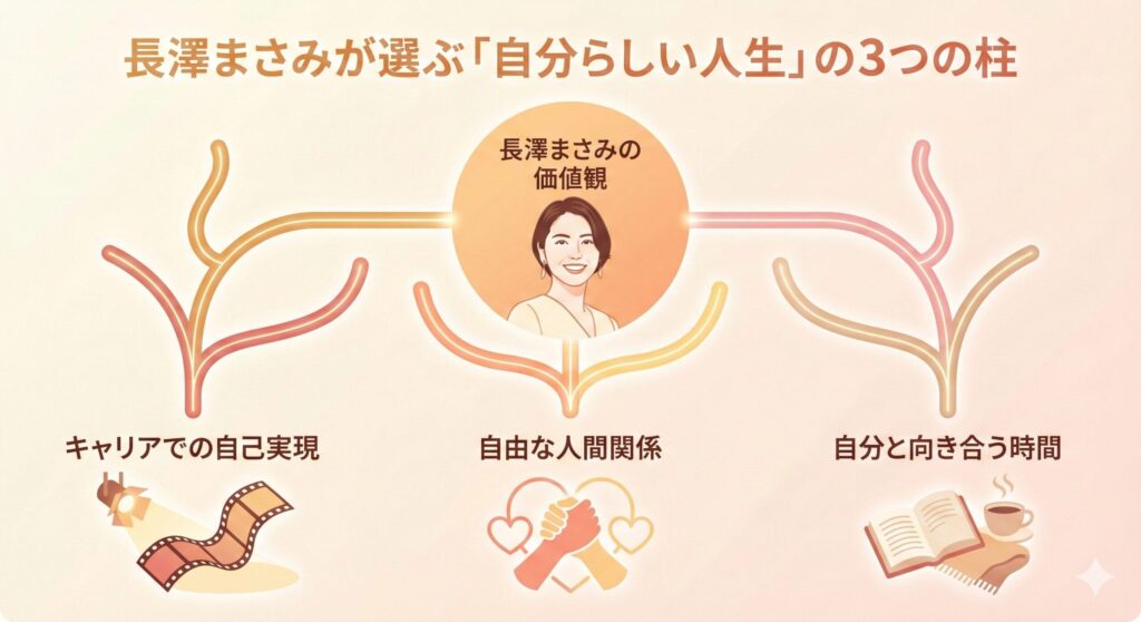 女優・長澤まさみさんが大切にしている3つの価値観を示した図。中央に「長澤まさみの価値観」とあり、「キャリアでの自己実現」「自由な人間関係」「自分と向き合う時間」という3つの要素に分かれている。