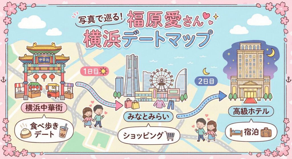 福原愛さんの不倫疑惑が報じられた横浜デートのコース図。横浜中華街から始まり、みなとみらいのホテルに至るルートが示されている。