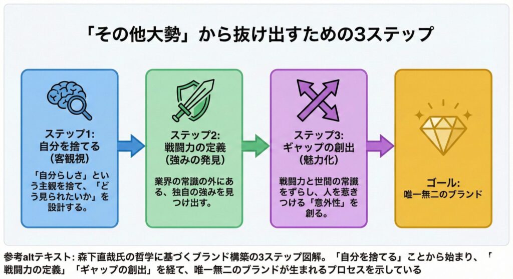 森下直哉氏の哲学に基づくブランド構築の3ステップ図解。「自分を捨てる」ことから始まり、「戦闘力の定義」「ギャップの創出」を経て、唯一無二のブランドが生まれるプロセスを示している。