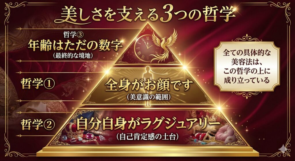 叶姉妹の美の哲学を示すピラミッド図。土台に「自分自身がラグジュアリー」、中間に「全身がお顔です」、頂点に「年齢はただの数字」と配置されている。