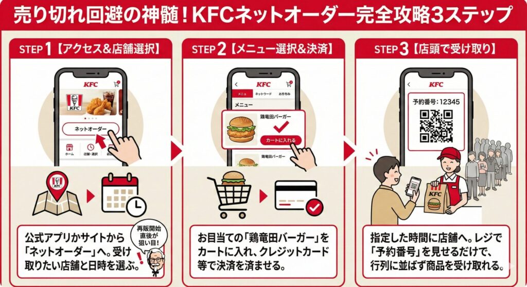 KFCネットオーダーを使って鶏竜田バーガーを予約する3つのステップを示したインフォグラフィック。ステップ1は店舗選択、ステップ2はメニュー選択と決済、ステップ3は店頭での受け取り。