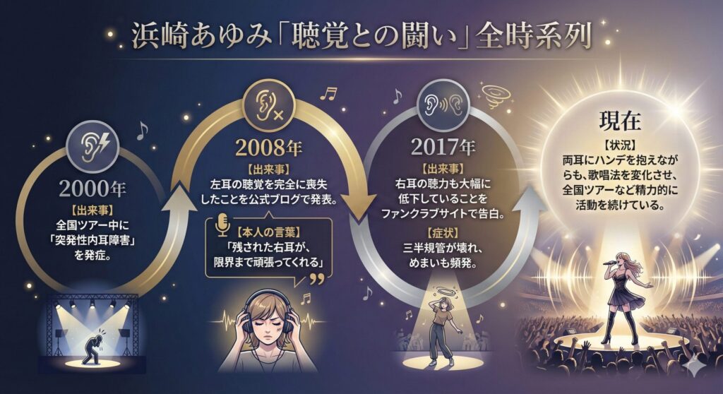 浜崎あゆみの聴覚問題のタイムライン。2000年の突発性内耳障害発症から、2008年の左耳聴覚喪失、2017年の右耳聴力低下までの経緯を図解。