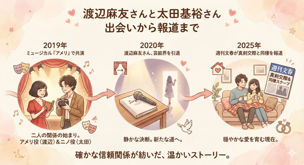 渡辺麻友さんと太田基裕さんの関係のタイムライン。2019年の共演から始まり、2025年の交際報道に至るまでの流れを図解しています。