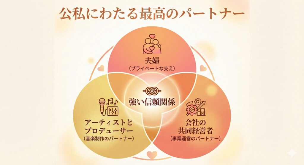 島谷ひとみと夫の関係図。夫婦、アーティストとプロデューサー、共同経営者という3つの役割が重なり合い、強い信頼で結ばれていることを示している。