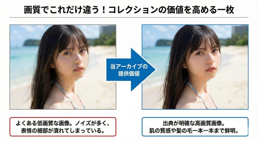 齋藤飛鳥さんの画像の、低画質と高画質の比較。高画質画像は細部まで鮮明であることがわかる。