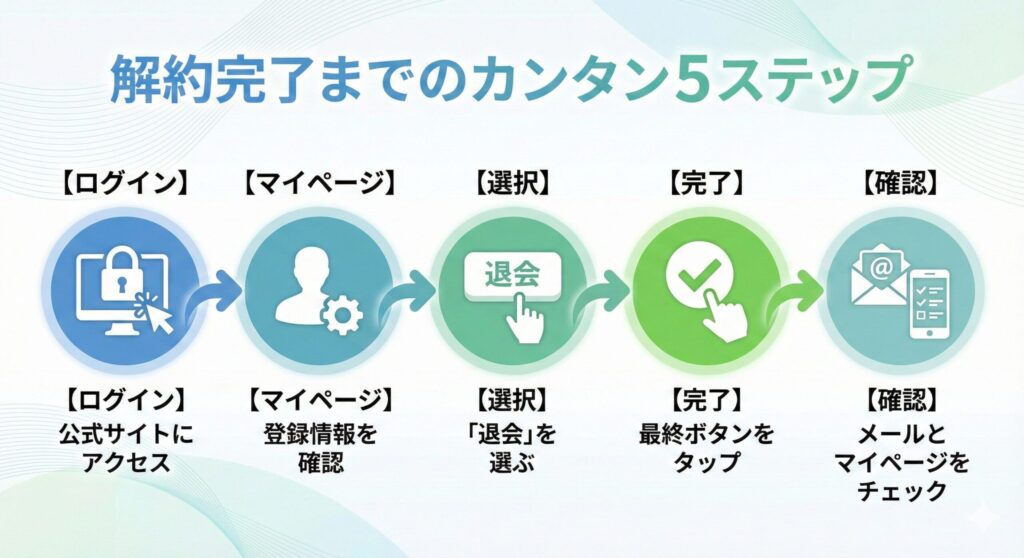 TSUTAYA DISCAS解約手順の全体フロー図。ログインからマイページ確認、退会選択、完了までの5ステップを解説