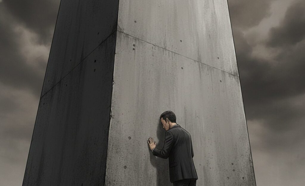 巨大な組織を象徴する無機質な建物(企業論理をイメージ)の壁に、日本人男性(タレントをイメージ)が額を当て、対話を求めているが拒絶されているような孤独な様子