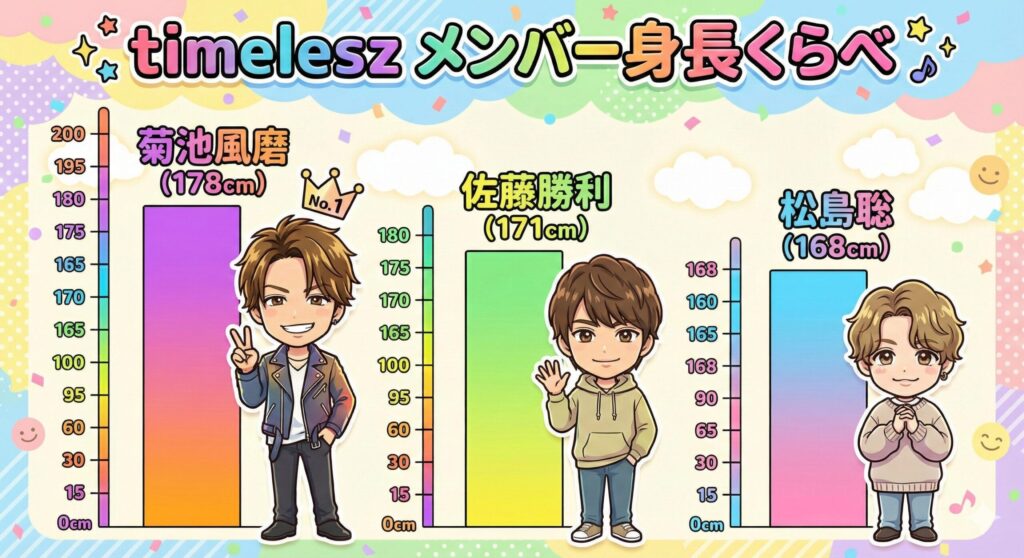 timeleszのメンバーの身長を比較するグラフ。菊池風磨が178cmで、他のメンバーより高いことを示している。