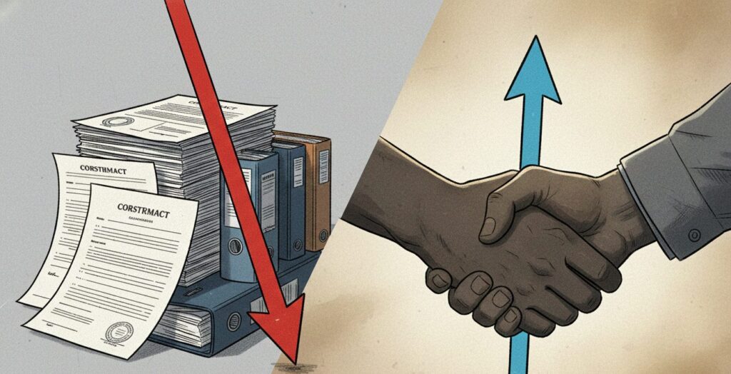 経営層を象徴する書類や法的な文書と、現場の人間関係を象徴する硬く握り合った手のシルエットが、互いに全く異なる方向を向いている様子