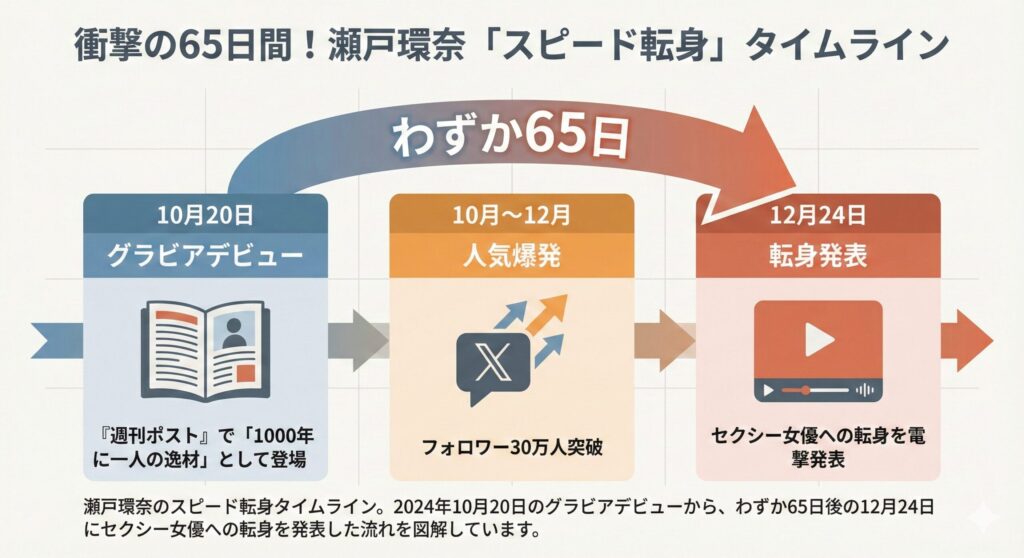 瀬戸環奈のスピード転身タイムライン。2024年10月20日のグラビアデビューから、わずか65日後の12月24日にセクシー女優への転身を発表した流れを図解しています。