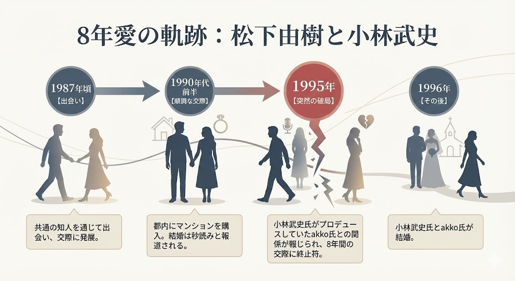 図解:松下由樹と小林武史の恋愛タイムライン。1987年の出会いから1995年の破局までの流れを示している。