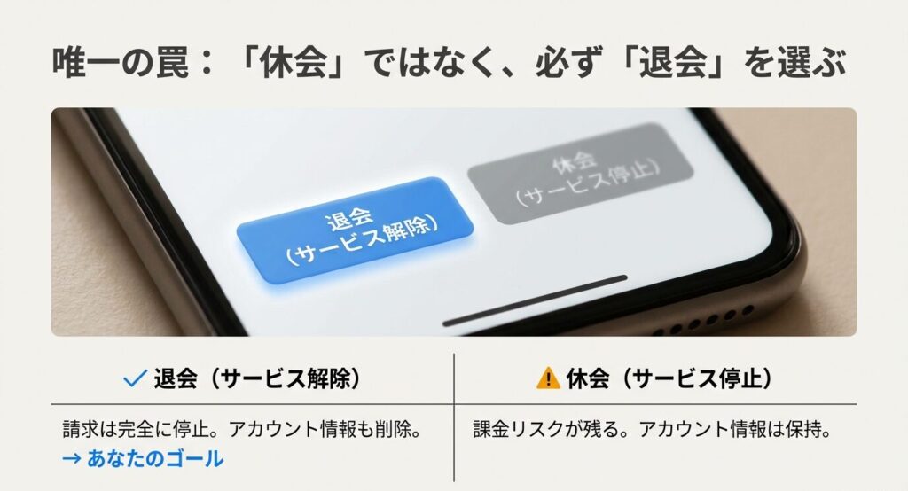 TSUTAYA DISCAS解約時の「退会（サービス解除）」と「休会（サービス停止）」の違いと課金リスク図解