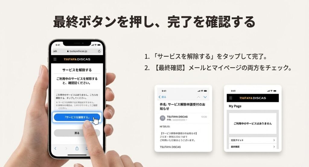 TSUTAYA DISCAS解約の最終確定ボタンと解約完了メールの確認画面