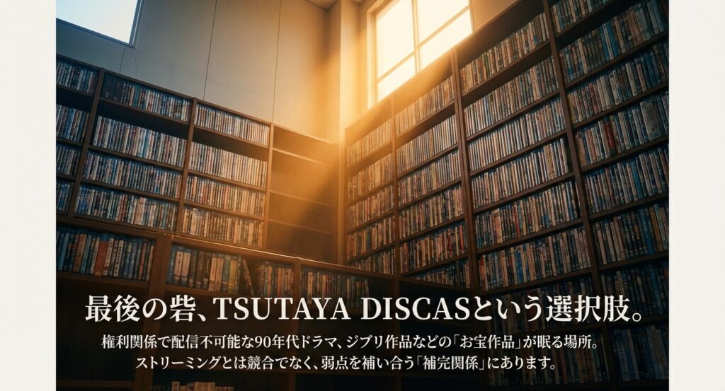 動画配信サービスとDVD宅配レンタルの補完関係、および在庫や画質のメリットを解説した図解