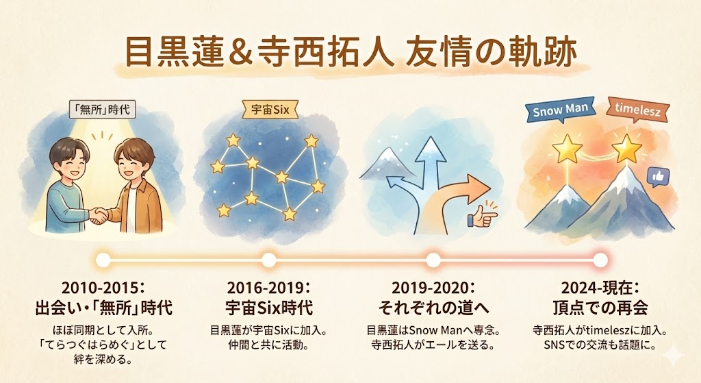 目黒蓮と寺西拓人の友情の歴史を図解したタイムライン。無所時代から宇宙Sixを経て、現在のSnow Manとtimeleszでの活躍までを示しています。