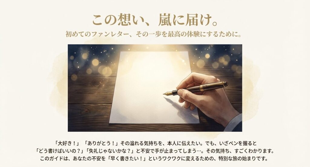 「この想い、嵐に届け」というメッセージと共に、手紙を書く手元を描いたイラスト。初めてファンレターを書く際のワクワク感と不安に寄り添う