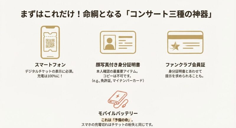 スマートフォン（デジタルチケット）、顔写真付き身分証明書、ファンクラブ会員証の3点をイラスト