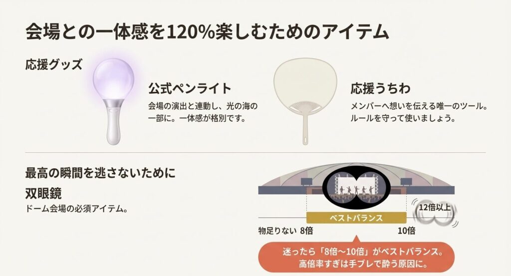 ペンライト、応援うちわ、双眼鏡のイラスト。特に双眼鏡は「8倍〜10倍」がベストバランスであることを示す比較図解