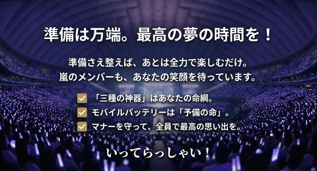 必須アイテムとマナーの再確認リスト、そして「嵐のメンバーも、あなたの笑顔を待っています」という温かいメッセージ