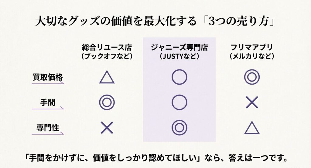総合リユース店、ジャニーズ専門店、フリマアプリの3つを「価格・手間・専門性」で比較し、専門店が最適解であることを示した表 。