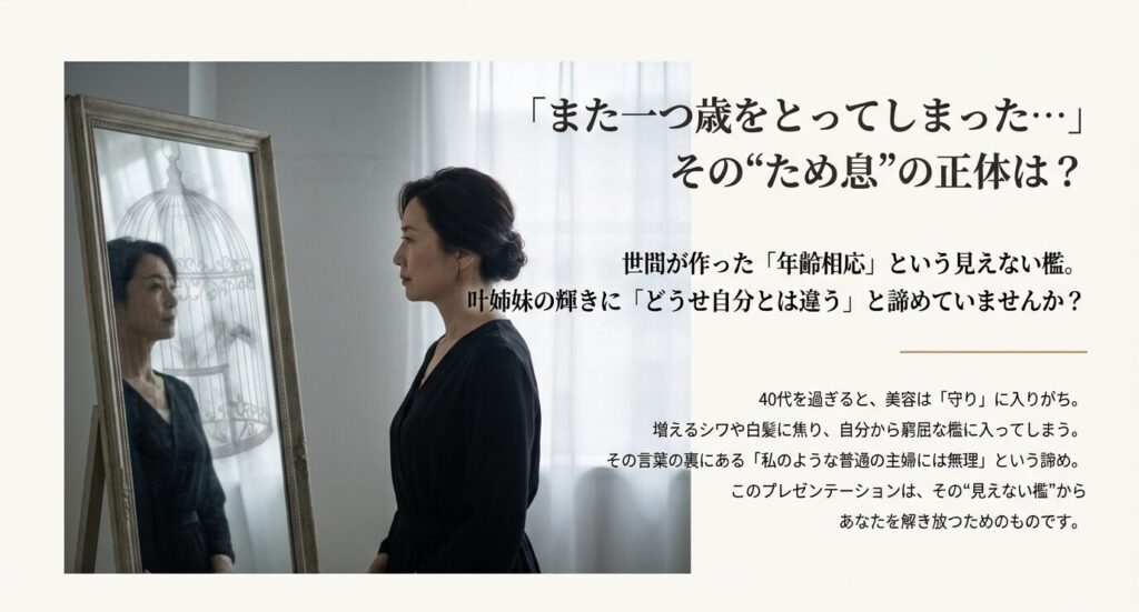 鏡の前でため息をつく女性のシルエットと、叶姉妹の輝きの対比。「年齢相応」という見えない檻からあなたを解き放つためのプレゼンテーション