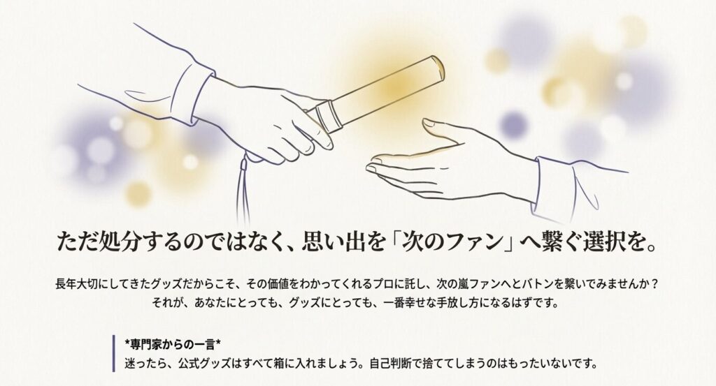 ペンライトを手渡すイラストと共に、大切なグッズを次のファンへ譲ることで思い出を繋いでいくというメッセージ