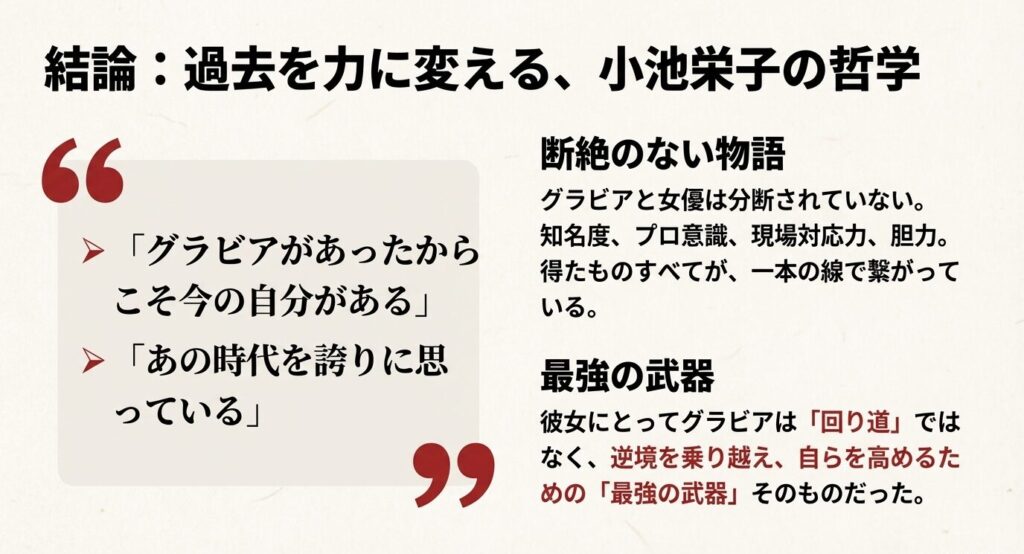 「グラビアがあったからこそ今の自分がある」という言葉と共に、過去と現在が一本の線で繋がっていることを示す結論