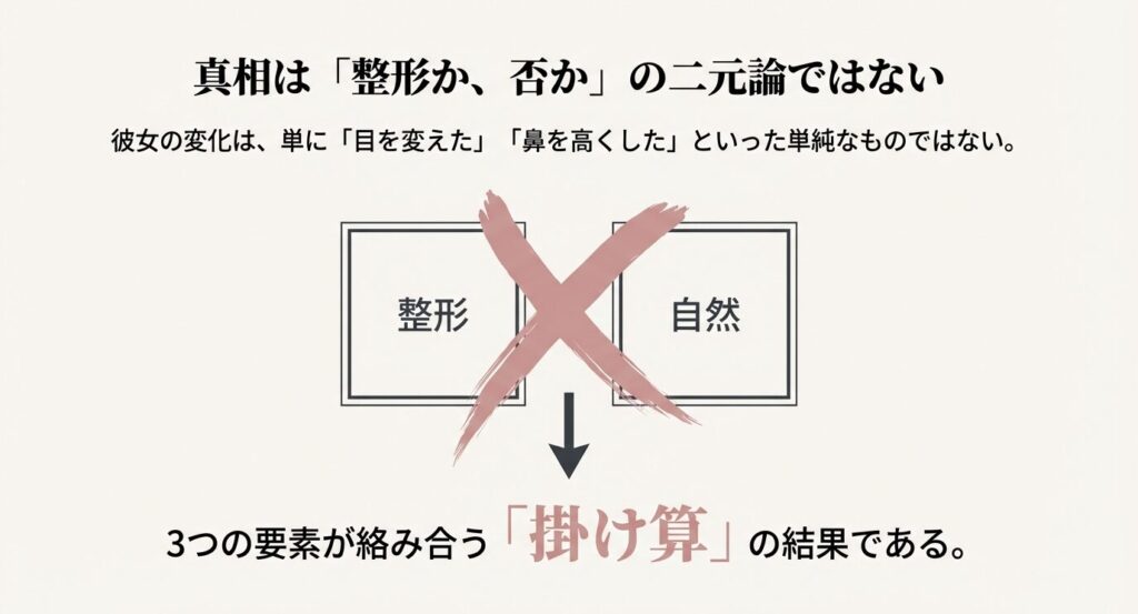 彼女の変化は単なるパーツ整形ではなく、3つの要素が複雑に絡み合った「掛け算」の結果であることを解説した図解。