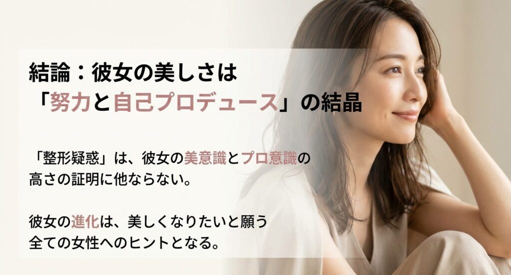 整形疑惑は彼女の美意識とプロ意識の高さの証明であり、その進化は努力と自己プロデュースの結晶であるという結論のメッセージスライド 。