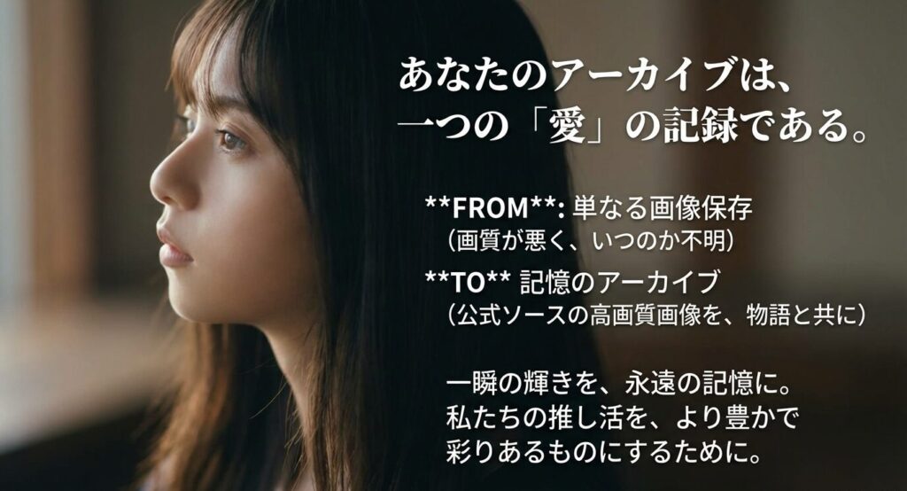 単なる画像保存から「記憶のアーカイブ」への進化を促し、推し活をより豊かで彩りあるものにするためのメッセージスライド 。